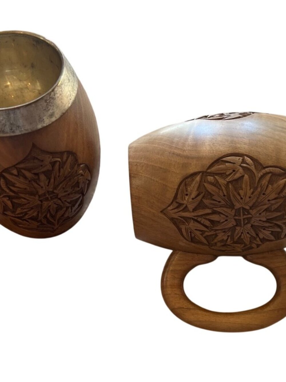 Wood carved mug tankard with metal lining Pair of 2 India Vintage